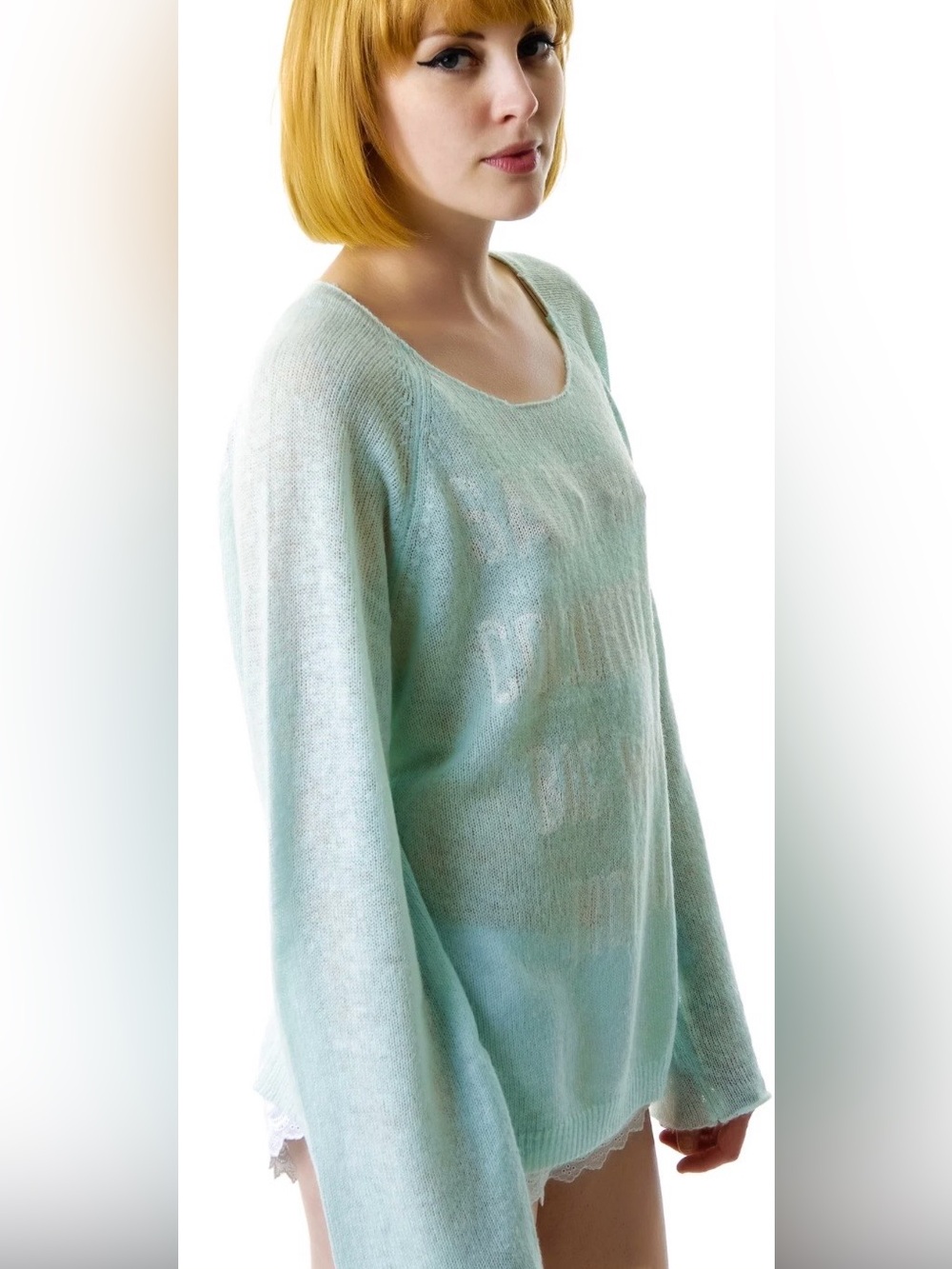 Wildfox Sz XS Blue Salty Hair Penny Lane Writing Relaxed Casual Sweater